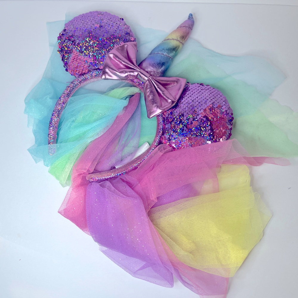 Authentic Disney Minnie Ears DisneyWorld Rainbow Unicorn Sequin Tulle Headband